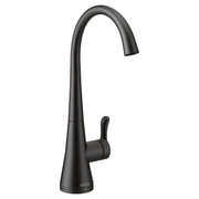 Moen Sip matte black kitchen beverage faucet with curved spout and single lever handle.