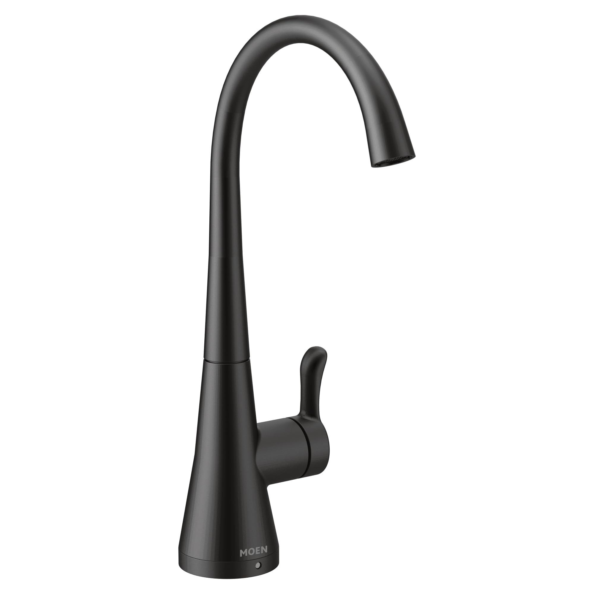 Moen Sip matte black kitchen beverage faucet with curved spout and single lever handle.