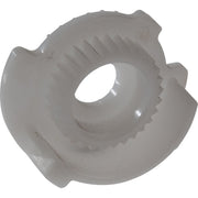 Gray plastic limit stop with central oval opening and notched edges for faucet installation.