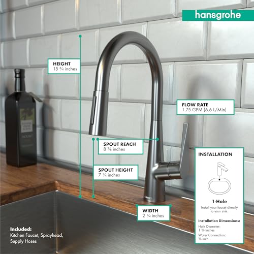 Hansgrohe Talis S brushed black chrome high-arc kitchen faucet with pull-down sprayer mounted on countertop near white subway