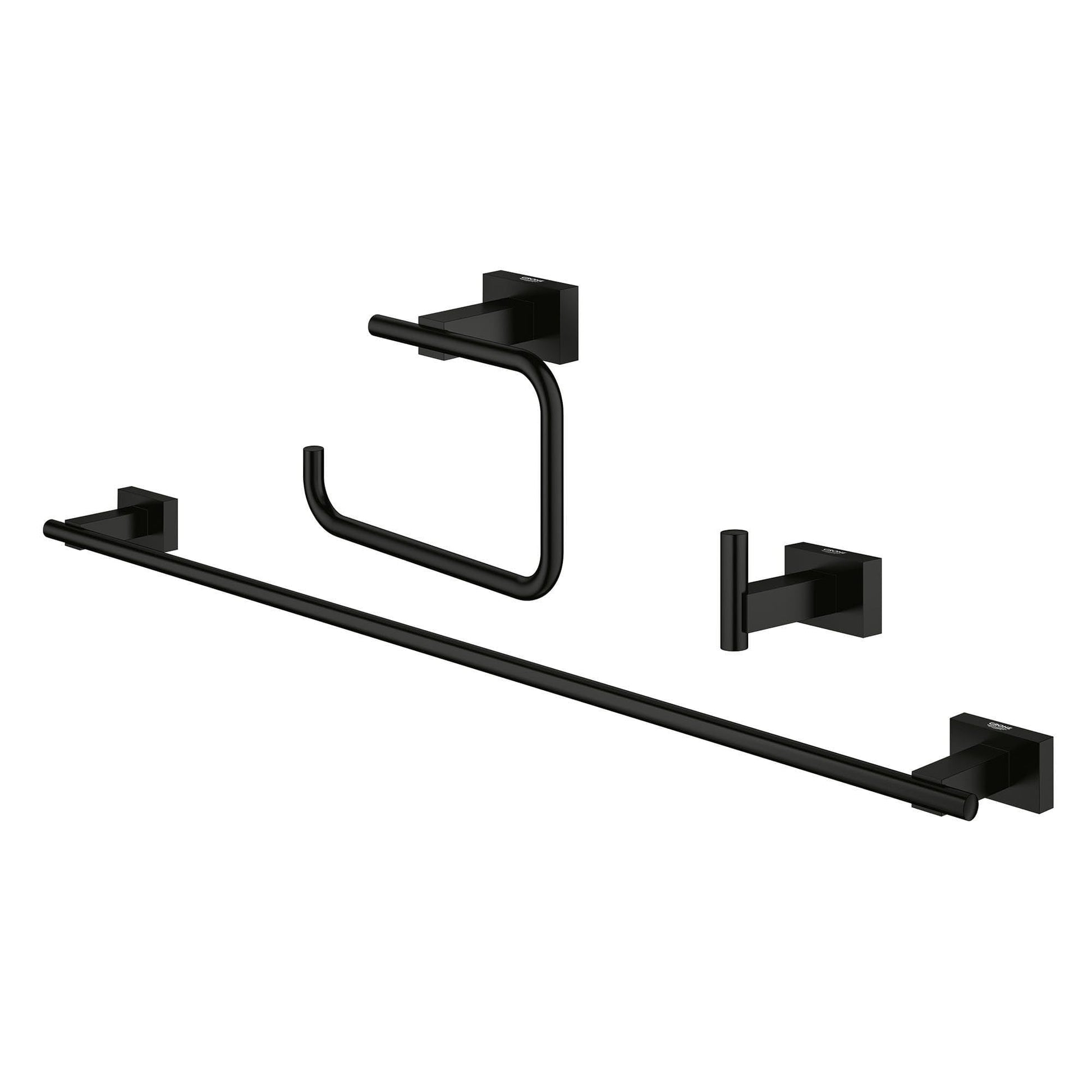 Three black metal bathroom accessories with square wall mounts: towel bar, toilet paper holder, and robe hook.