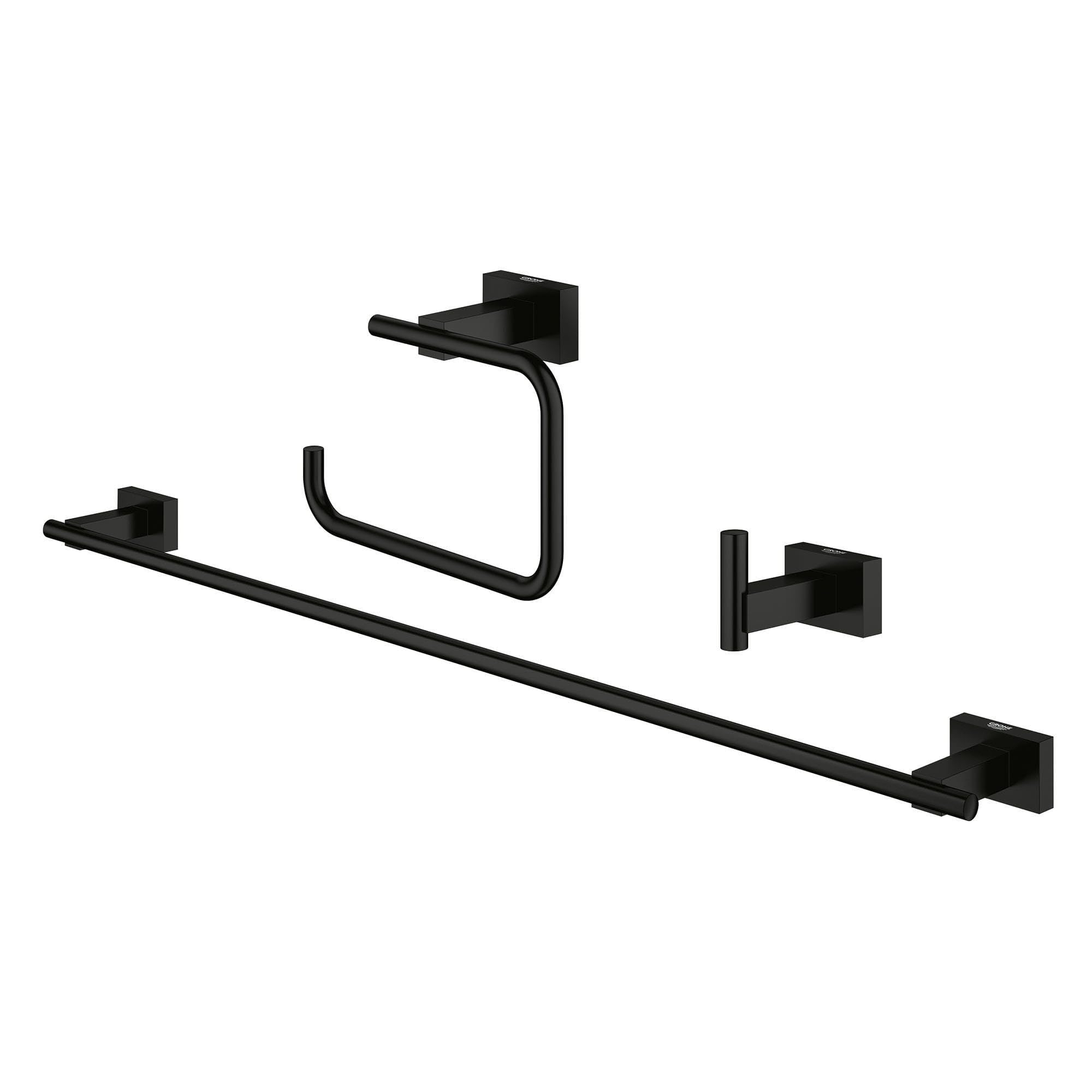 Three black metal bathroom accessories with square wall mounts: towel bar, toilet paper holder, and robe hook.