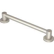 Brushed nickel stainless steel grab bar with cylindrical ends and wall-mounted flanges.