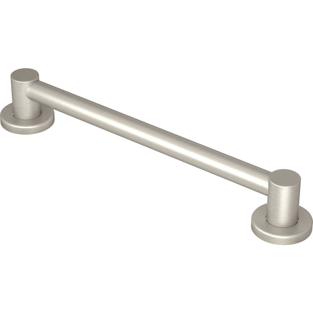 Brushed nickel stainless steel grab bar with cylindrical mounting flanges at each end, horizontal orientation.