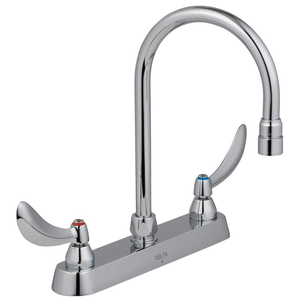 Chrome two-handle deck mount faucet with high arc spout and lever handles.
