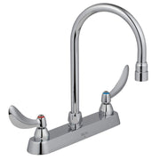 Chrome two-handle deck mount faucet with high arc spout and lever handles.