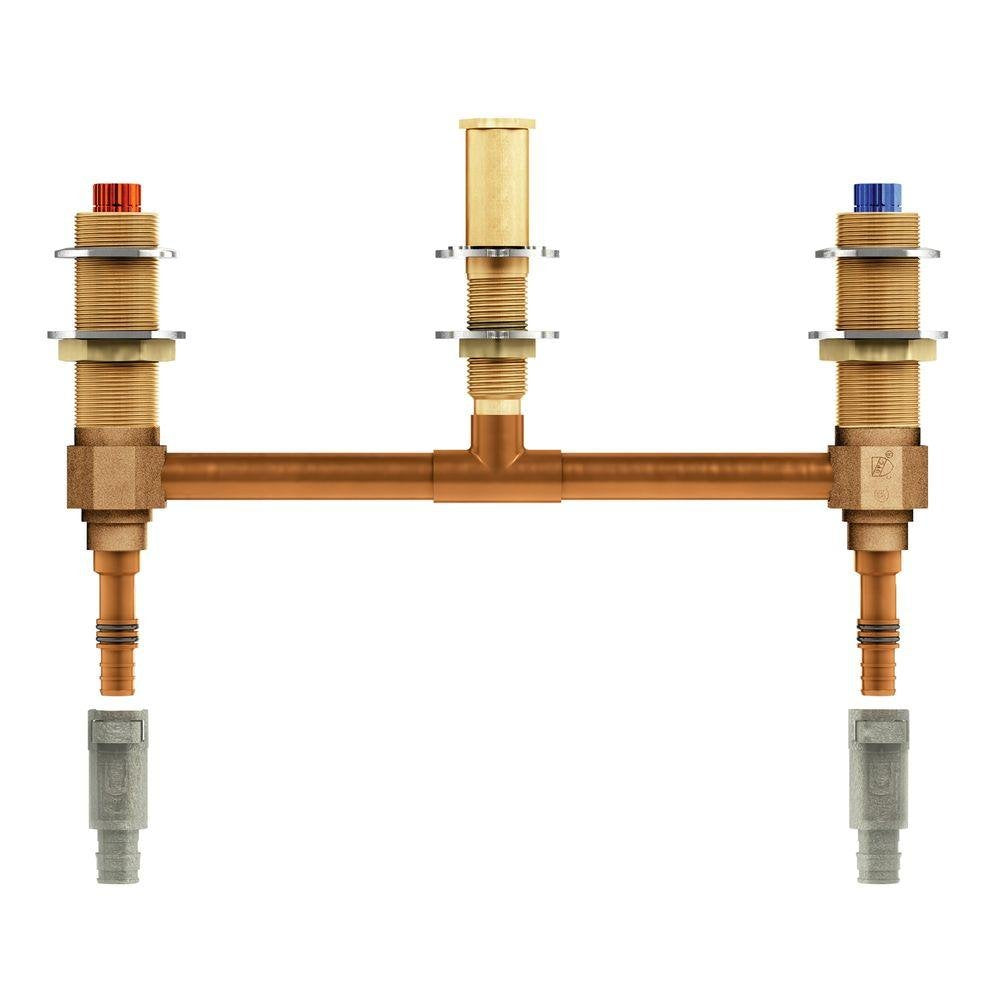 Brass roman tub valve with two red and blue handle controls, central spout, and PEX adapters on sides.
