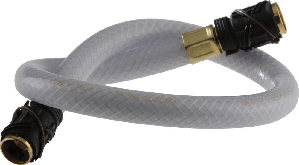 Clear vinyl hose with brass quick-connect fittings on both ends and black grip collars.
