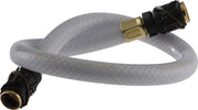 Clear vinyl hose with brass quick-connect fittings on both ends and black grip collars.