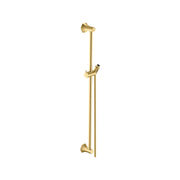 Brushed gold vertical shower bar with adjustable hand shower holder and wall-mounted flanges.