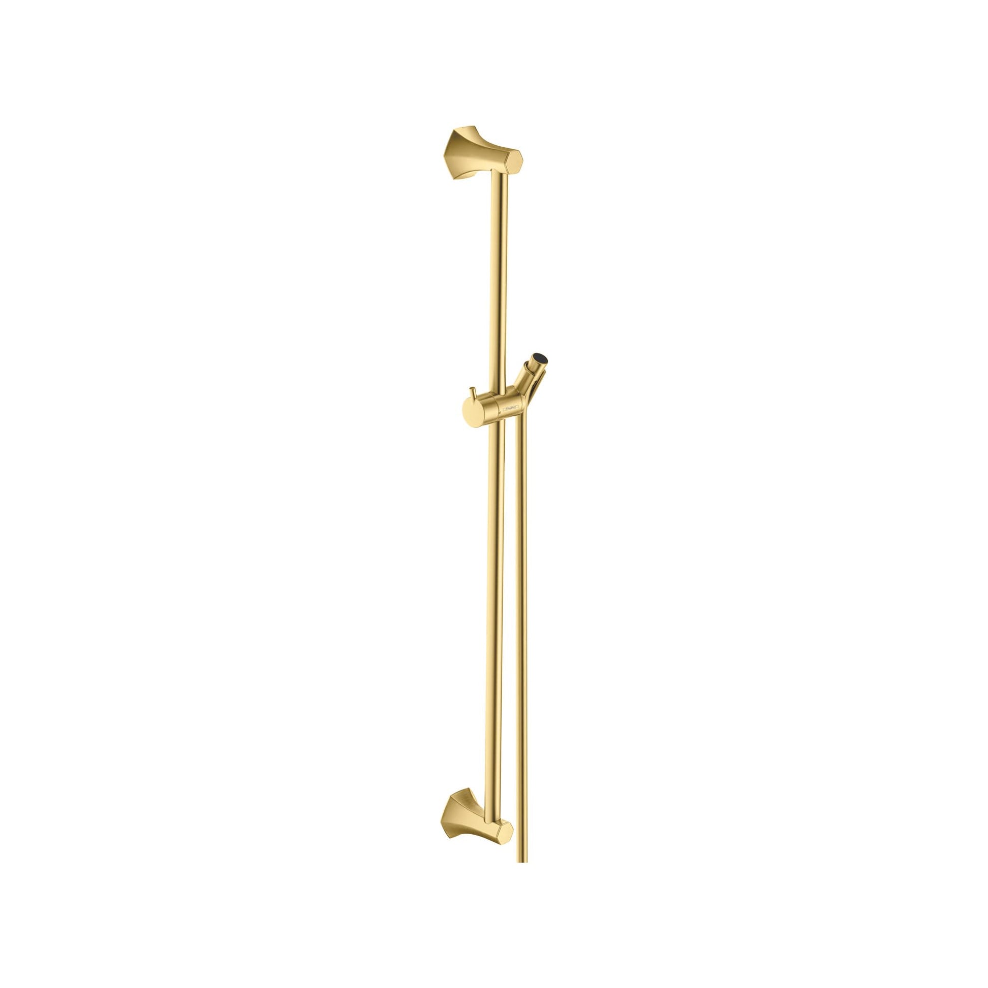 Brushed gold vertical shower bar with adjustable hand shower holder and wall-mounted flanges.