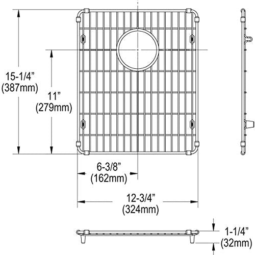Stainless steel sink grid with vertical bars, circular drain opening, and corner feet for 12-3/4" x 15-1/4" sink basin.