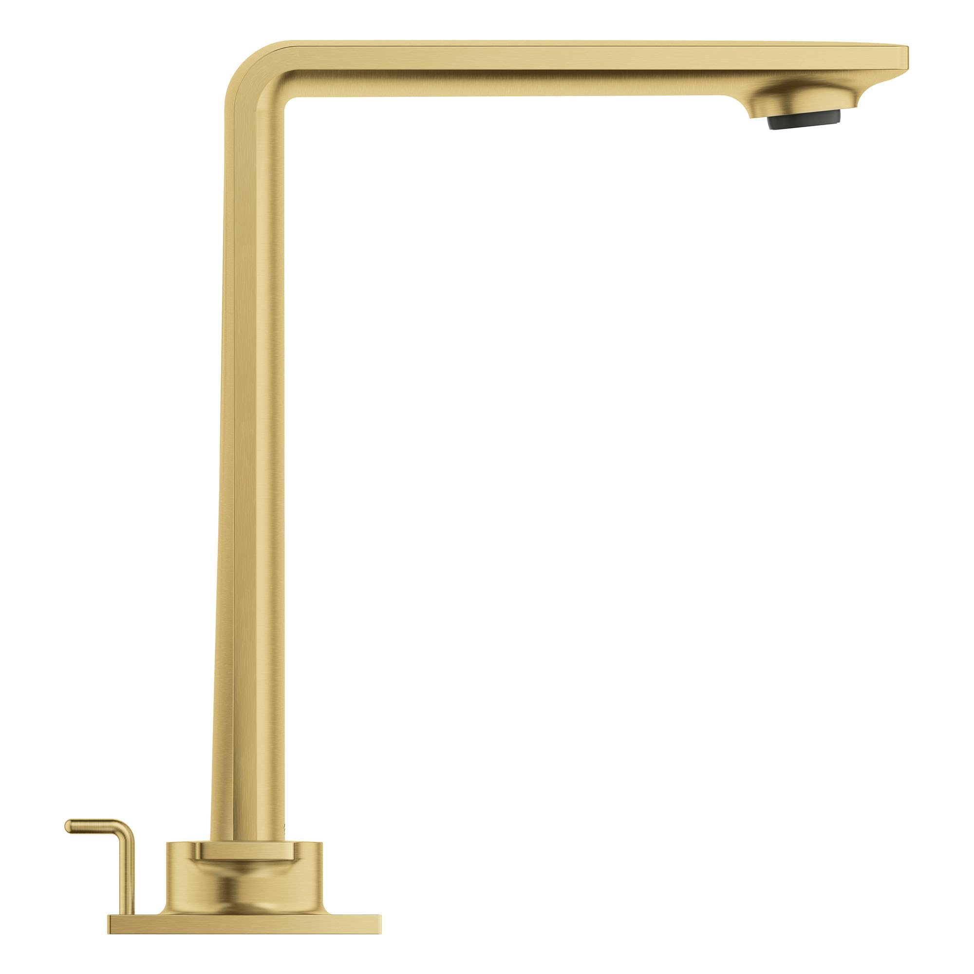 Brushed gold widespread bathroom faucet with tall angular spout and two handle bases.