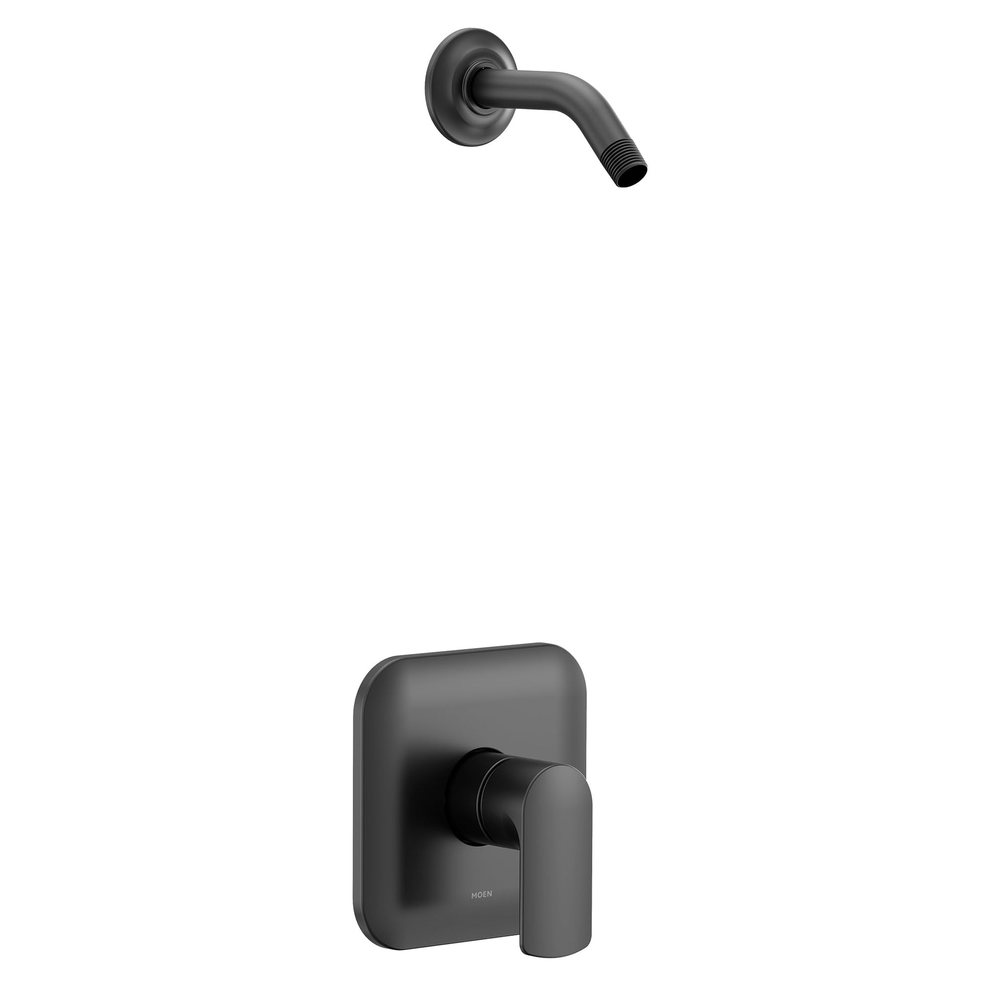 Matte black single-handle shower trim kit with curved wall-mounted valve and matching showerhead arm.