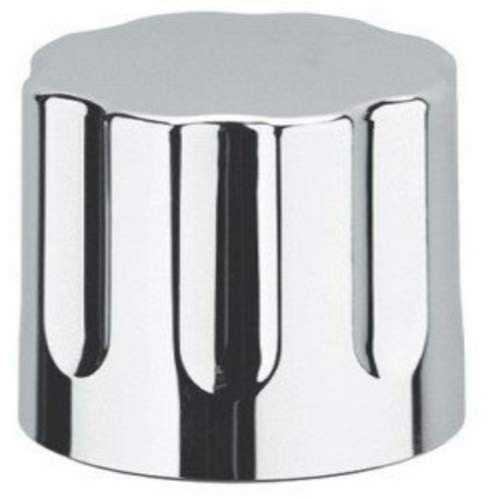 Chrome shut-off valve handle with cylindrical cap and vertical grooved grip surface.