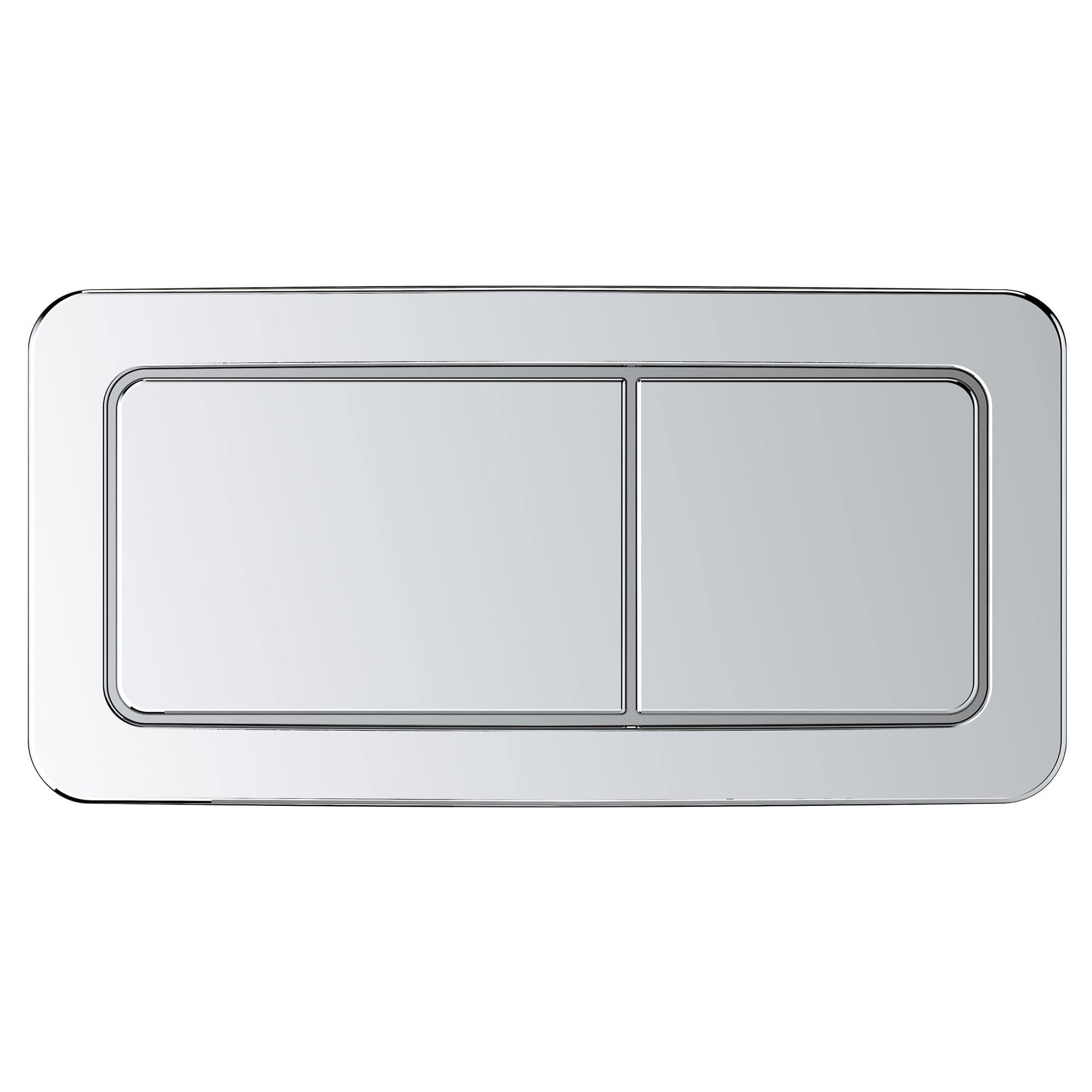 Chrome dual flush toilet actuator plate with two rectangular buttons on light gray background.
