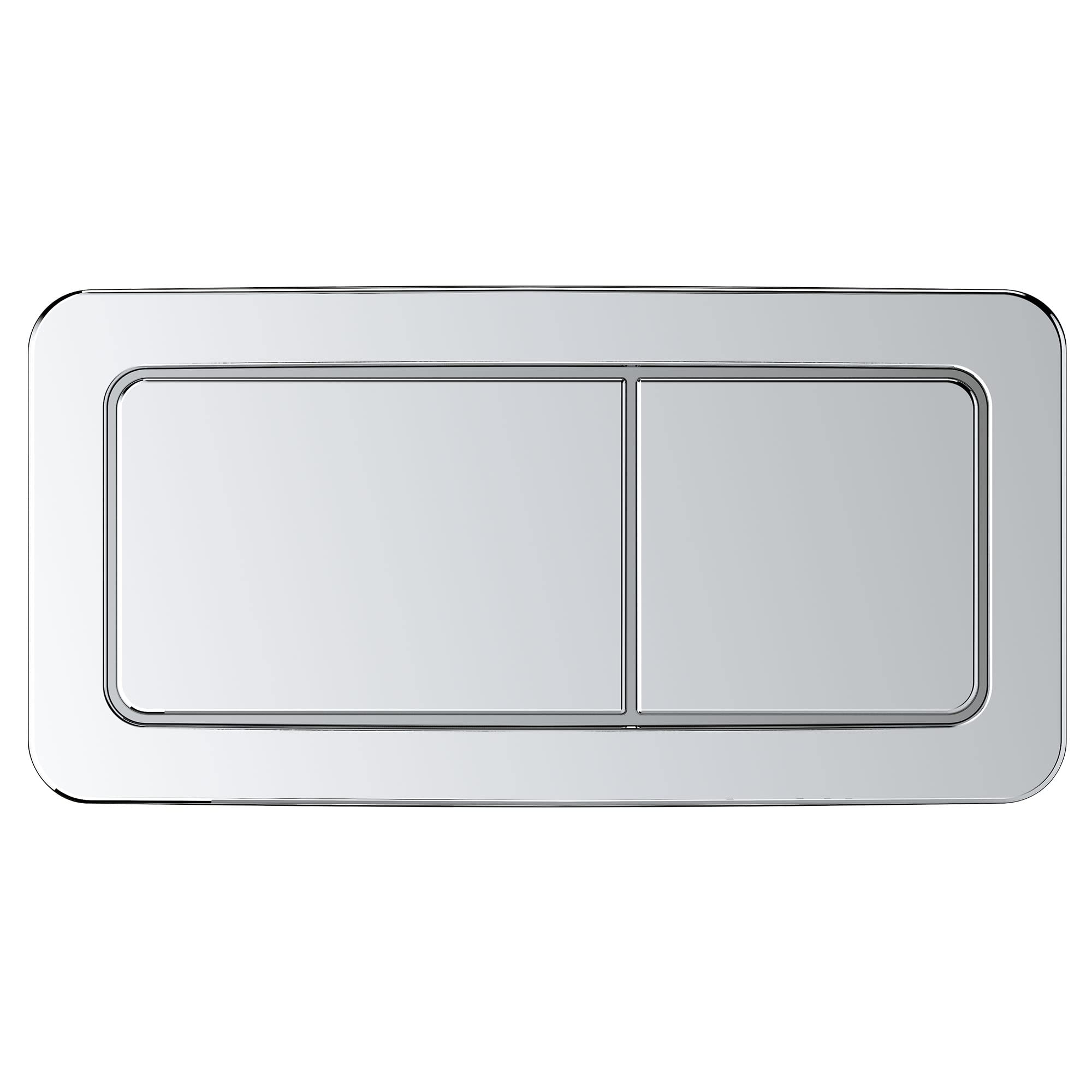Chrome dual flush toilet actuator plate with two rectangular buttons on light gray background.