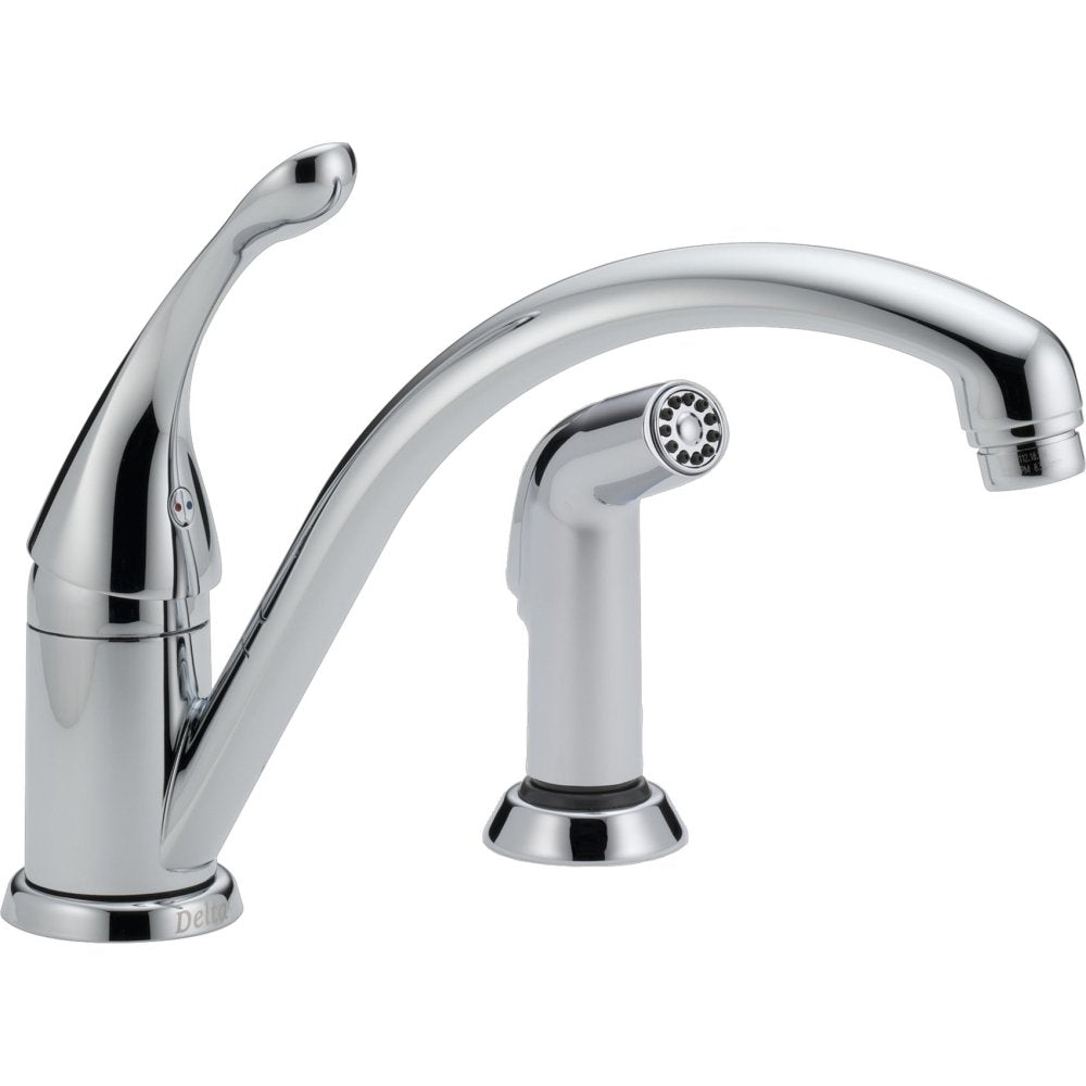 Chrome single-handle kitchen faucet with curved spout and separate spray attachment on base.