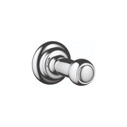 Chrome wall-mounted hook with round backplate and cylindrical hook arm extending outward.