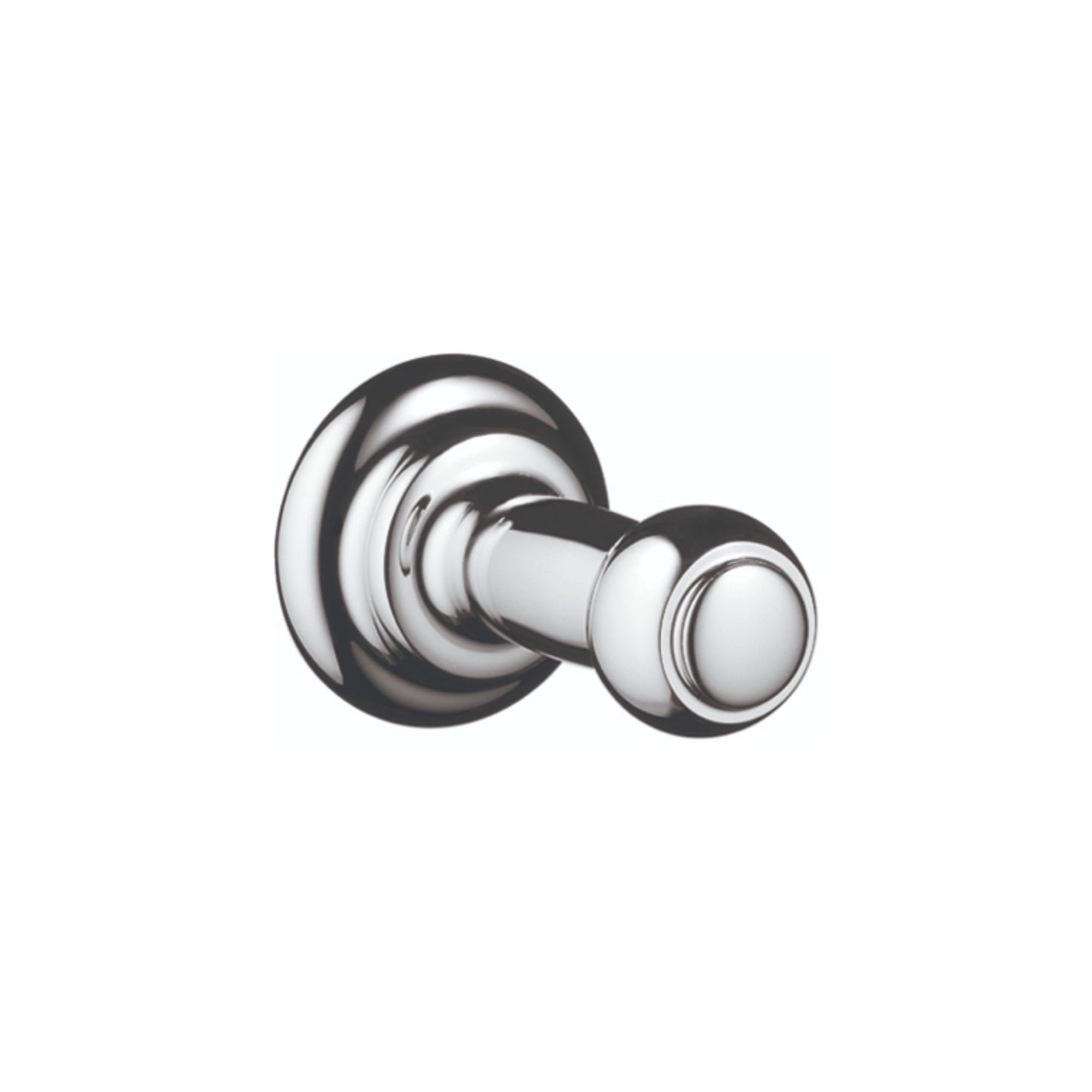 Chrome wall-mounted hook with round backplate and cylindrical hook arm extending outward.