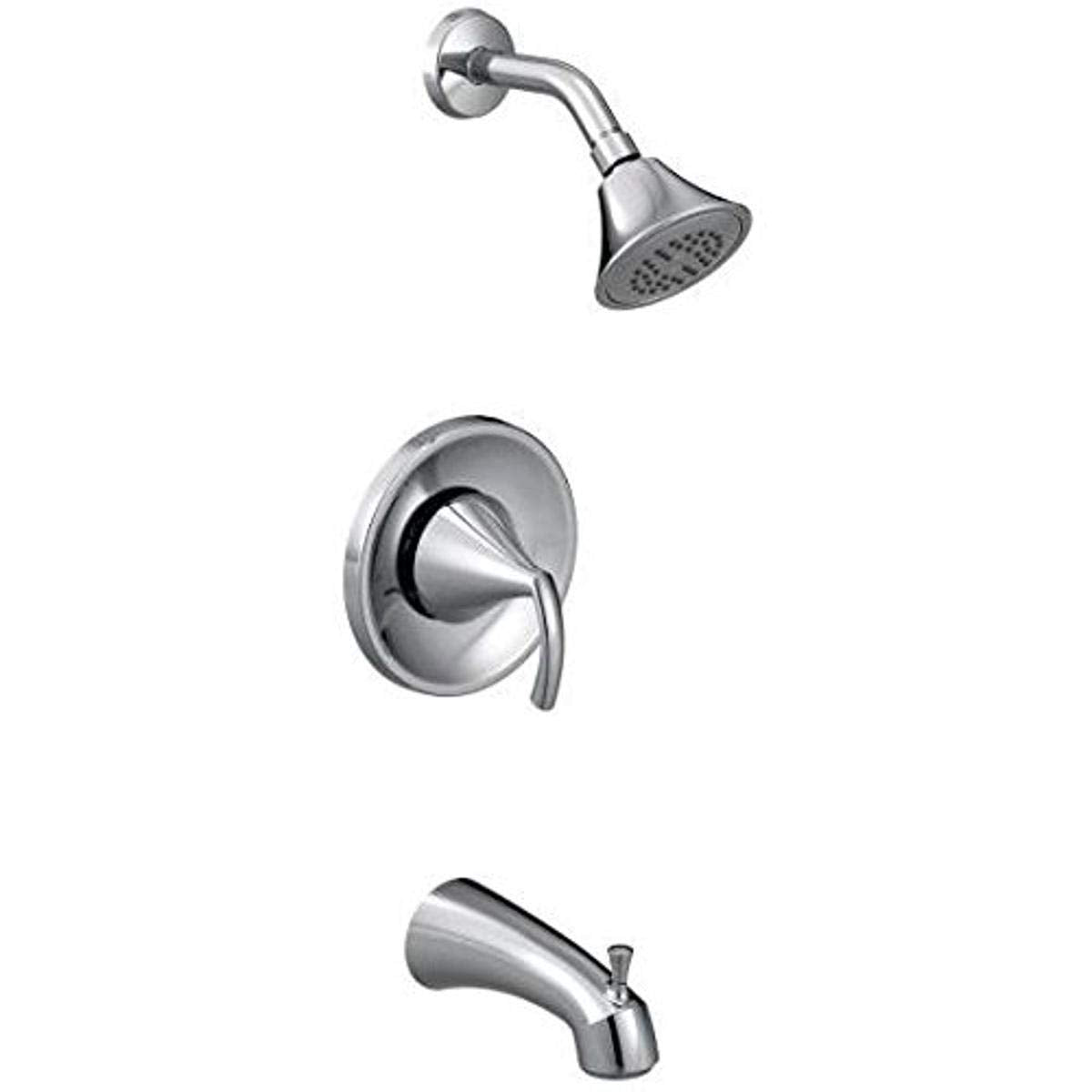 Chrome tub and shower trim kit with showerhead, valve trim, and tub spout.