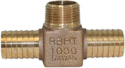 Bronze tee fitting with barbed hose connections on either side and threaded male inlet at center.