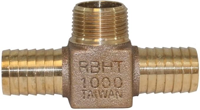 Bronze tee fitting with barbed hose connections on either side and threaded male inlet at center.