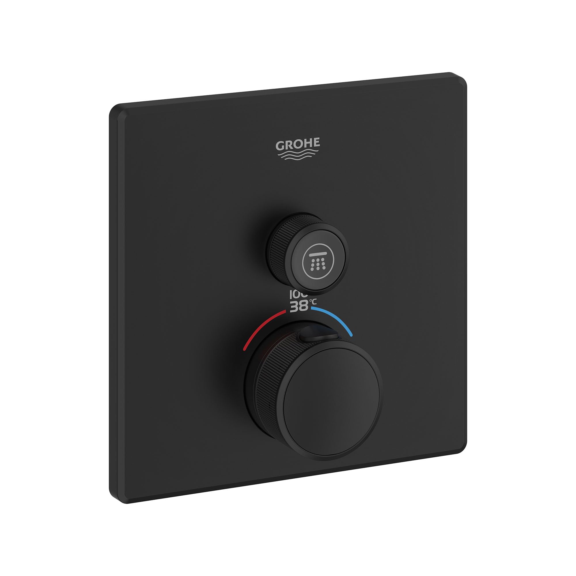 Matte black square thermostatic valve trim with round control knob, temperature display, and upper function button.
