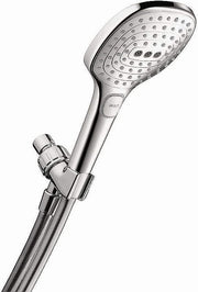 Chrome handheld showerhead with oval spray face and multiple jets, mounted on adjustable bracket with hose.