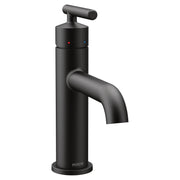 Matte black single-handle bathroom faucet with curved spout and lever control, showing hot and cold water indicators.