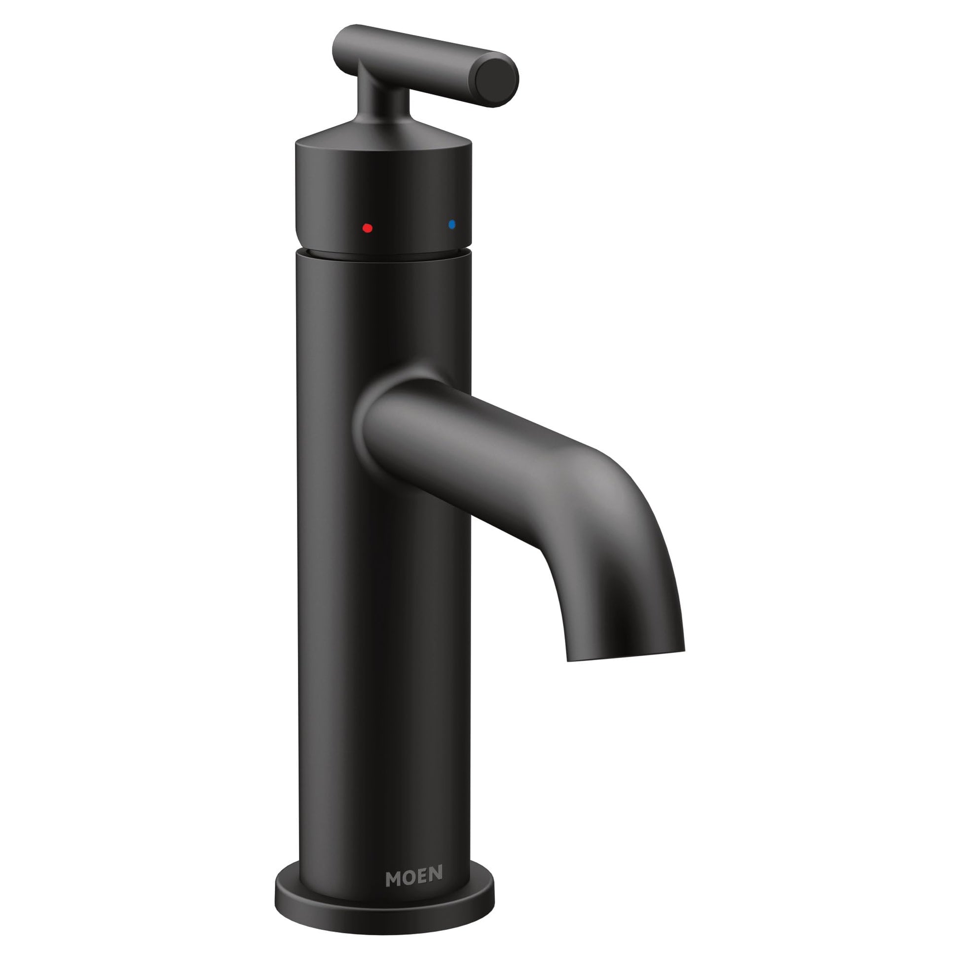 Matte black single-handle bathroom faucet with curved spout and lever control, showing hot and cold water indicators.