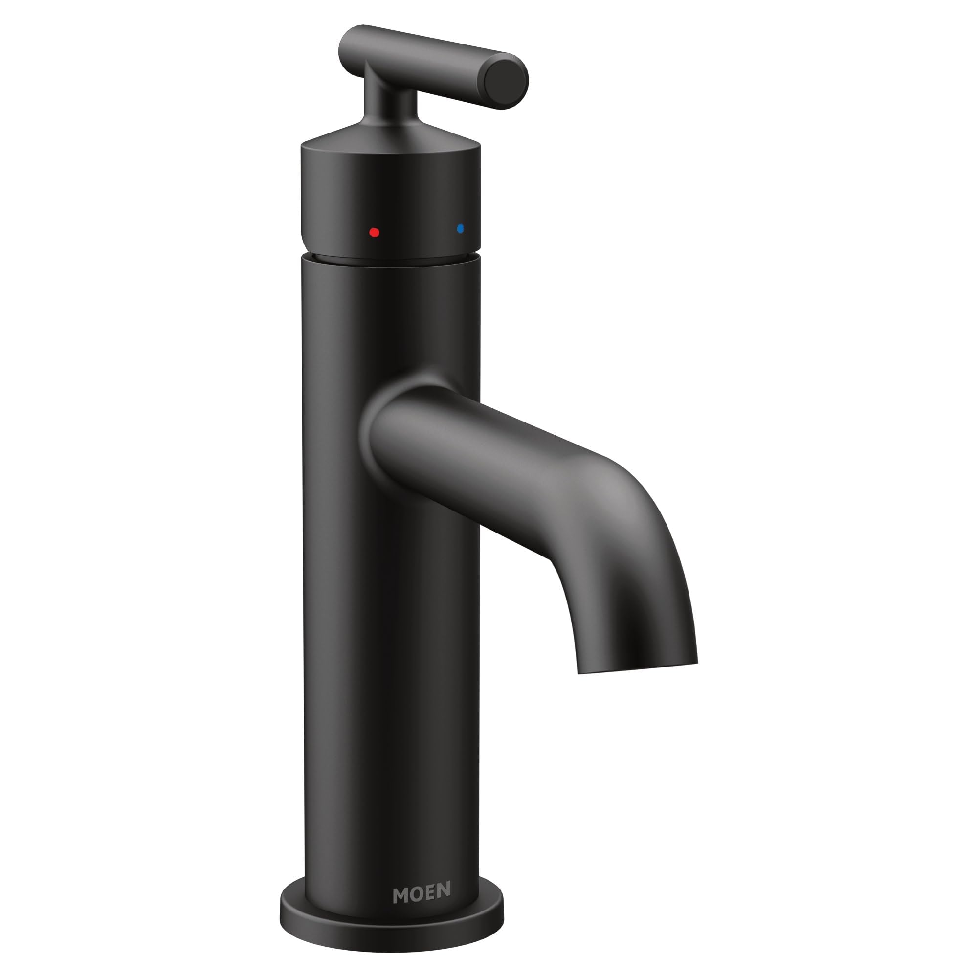Matte black single-handle bathroom faucet with curved spout and lever control, showing hot and cold water indicators.