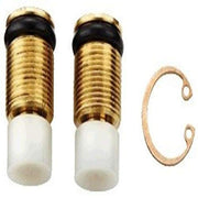 Two brass service stops with black rubber seals and white cartridges, plus one copper retaining clip.