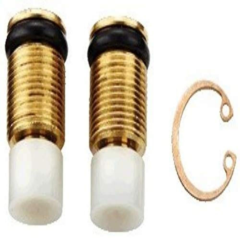 Two brass service stops with black rubber seals and white cartridges, plus one copper retaining clip.