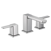 Chrome widespread bathroom faucet with two handles and angular spout design.