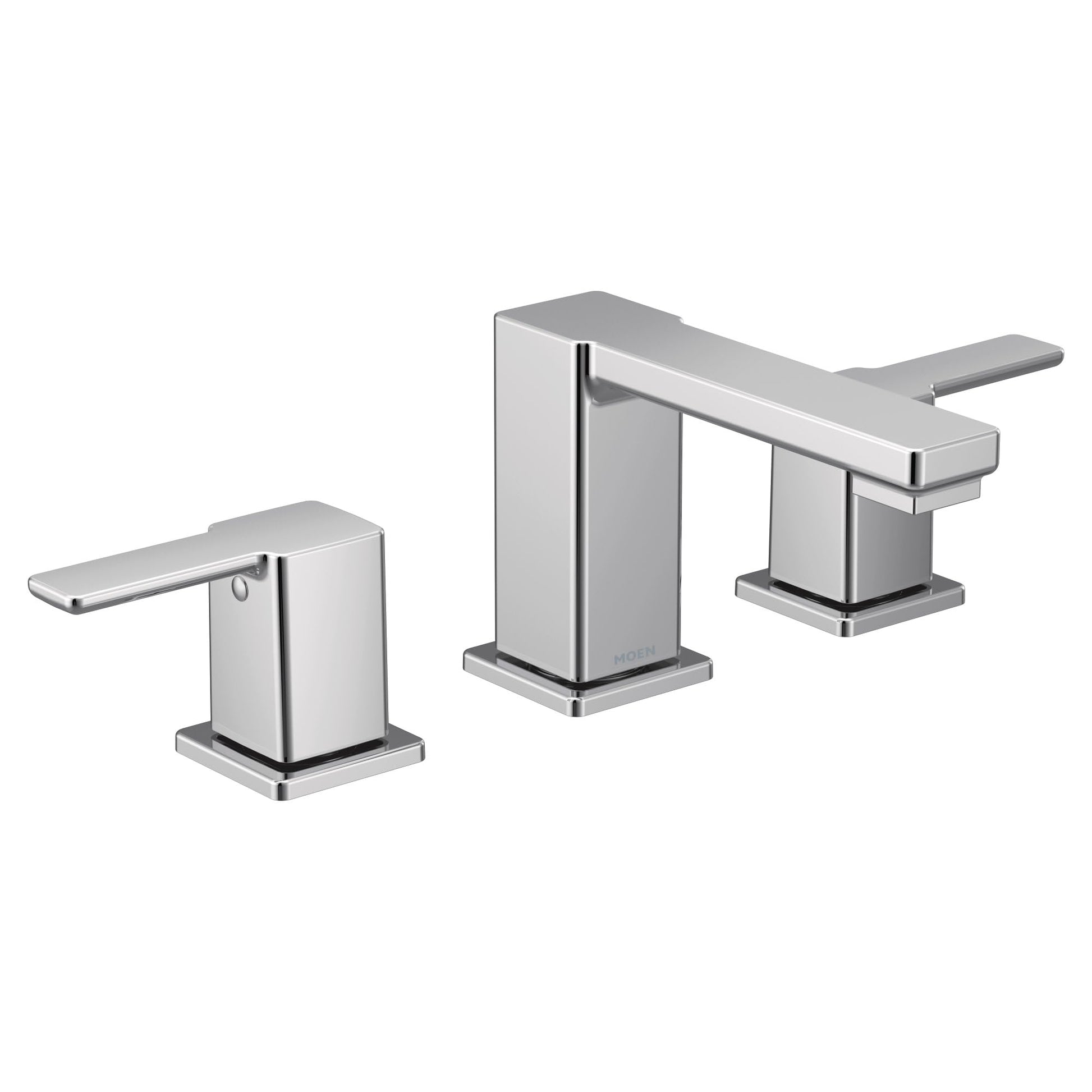 Chrome widespread bathroom faucet with two handles and angular spout design.