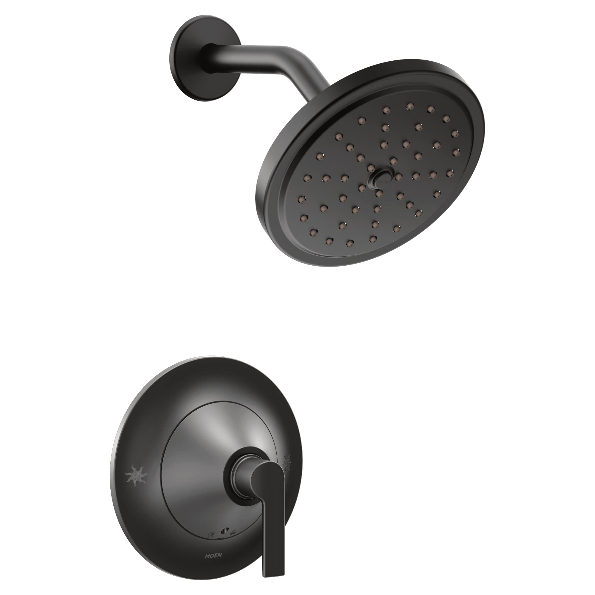 Matte black shower trim kit with 7-inch round rainshower head and single-handle valve control.