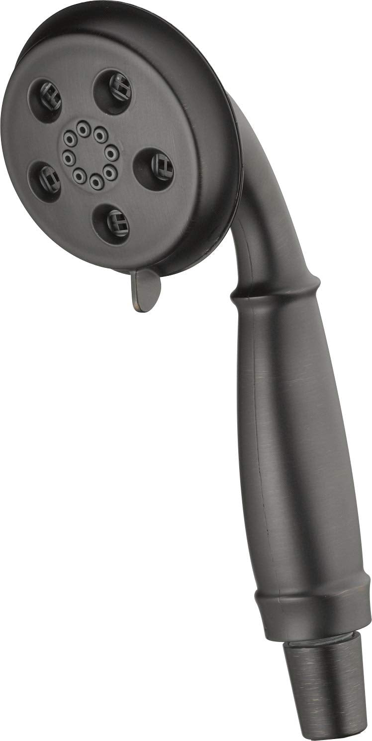 Black Delta hand shower with circular face, multiple spray jets, ergonomic handle, and adjustment buttons.