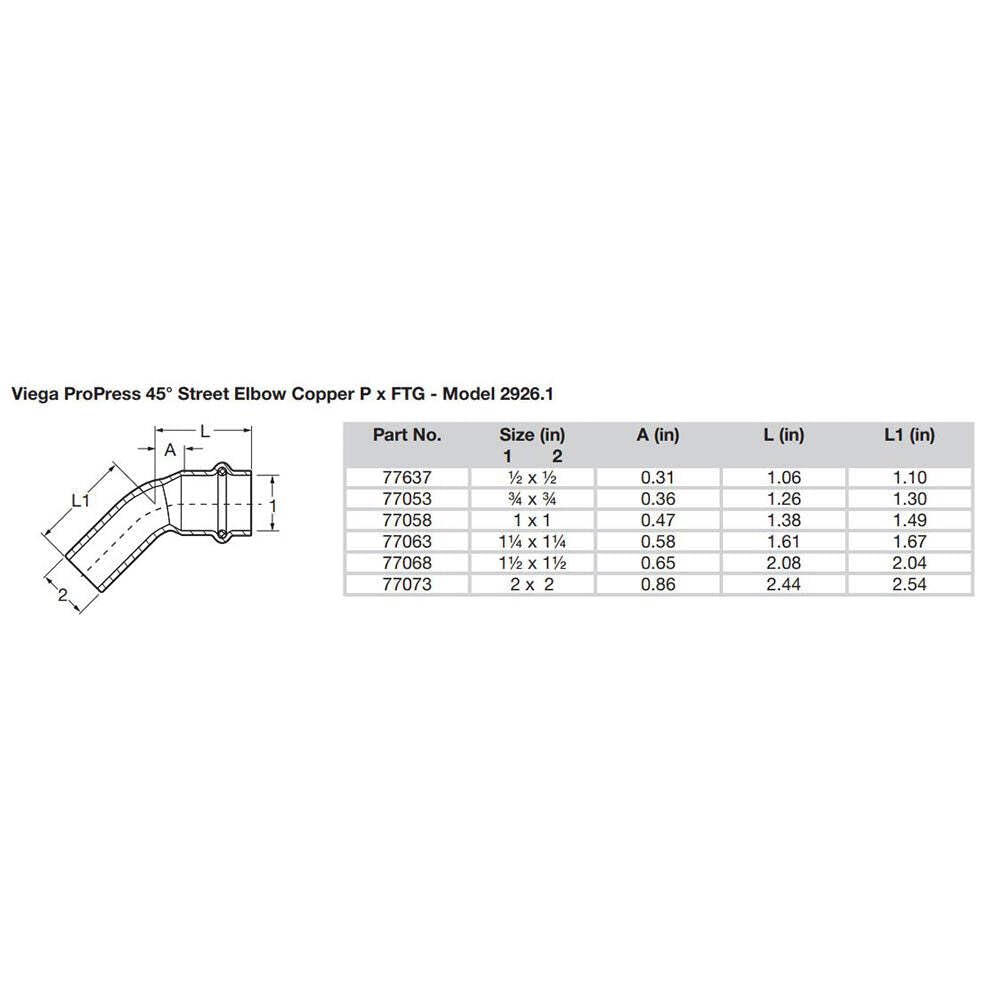 Copper 45-degree elbow fitting with technical schematic and specification table showing dimensions for various sizes.