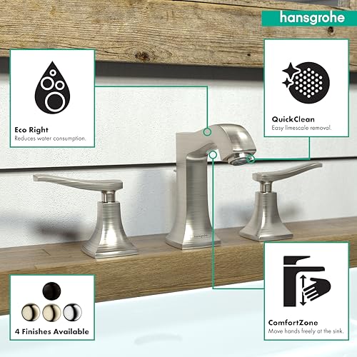 Hansgrohe Metris C brushed nickel widespread faucet with lever handles and feature icons.