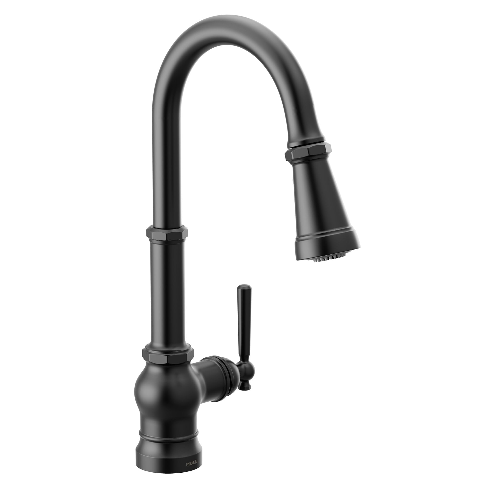 Matte black pulldown kitchen faucet with curved spout and single lever handle on rounded base.