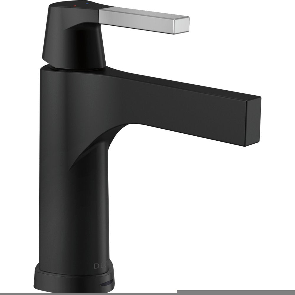 Black bathroom faucet with chrome handle and rounded base featuring touchless sensor technology.