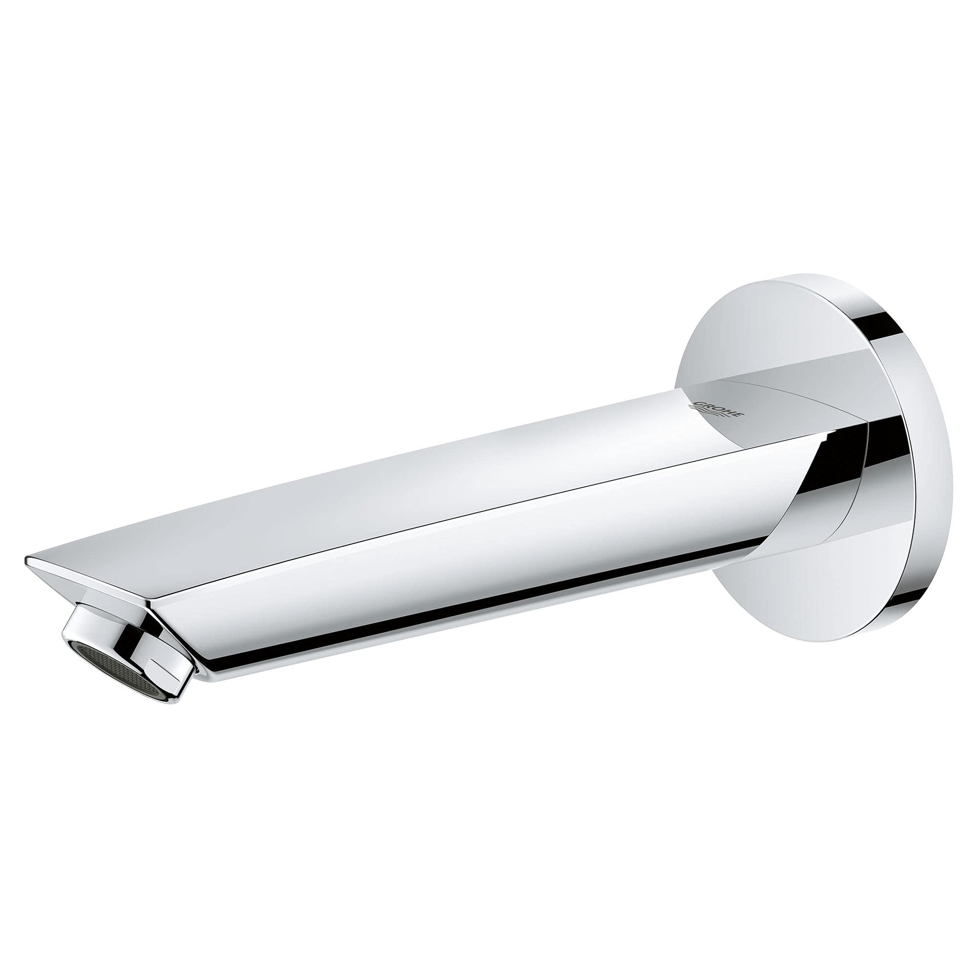 Chrome tub spout with cylindrical body and round wall-mounted escutcheon plate.