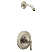 Brushed nickel shower trim kit with single lever handle and curved wall-mounted arm with showerhead connection.