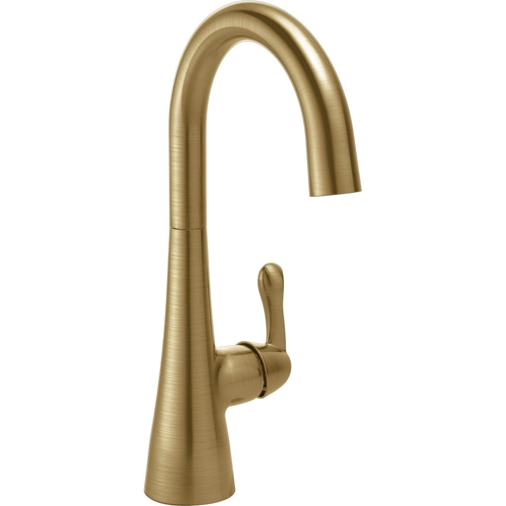 Champagne bronze bar faucet with high curved spout and single lever handle.