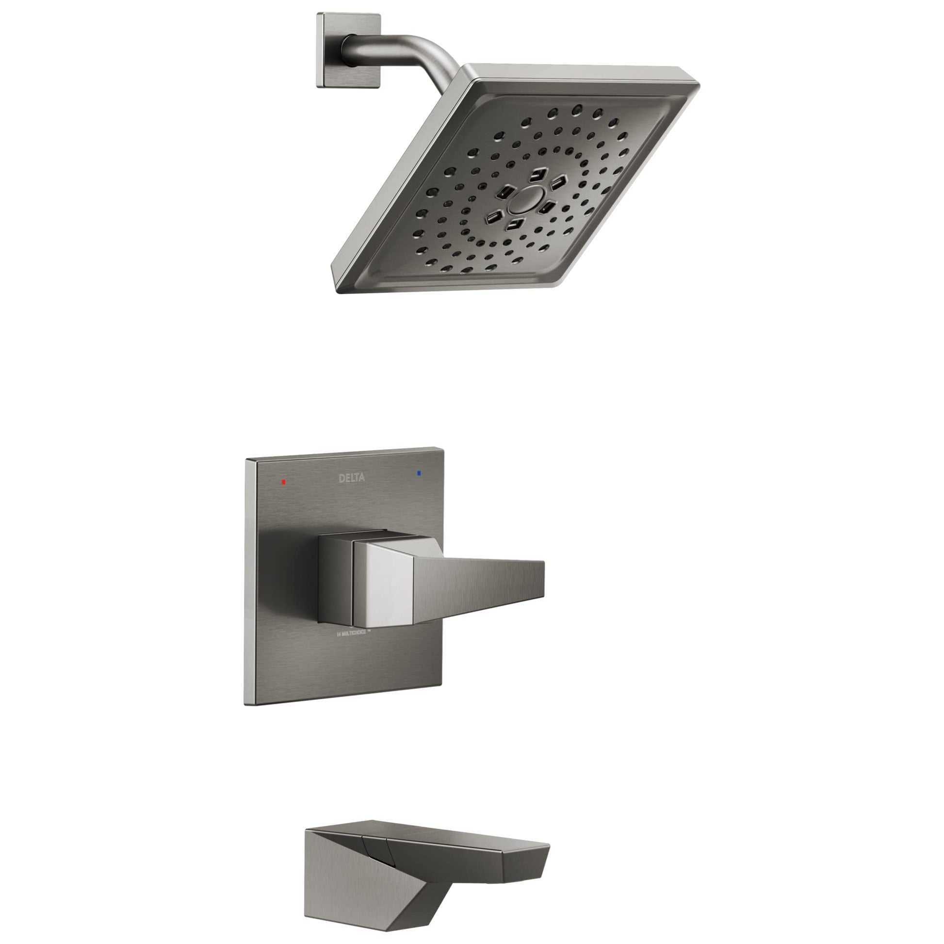 Brushed steel tub shower trim with square showerhead, lever handle, and curved spout.