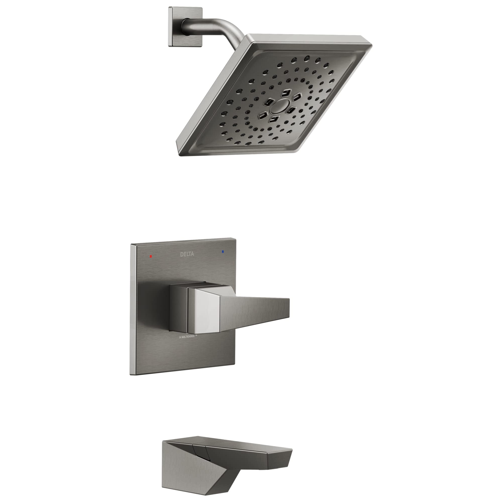 Brushed steel tub shower trim with square showerhead, lever handle, and curved spout.