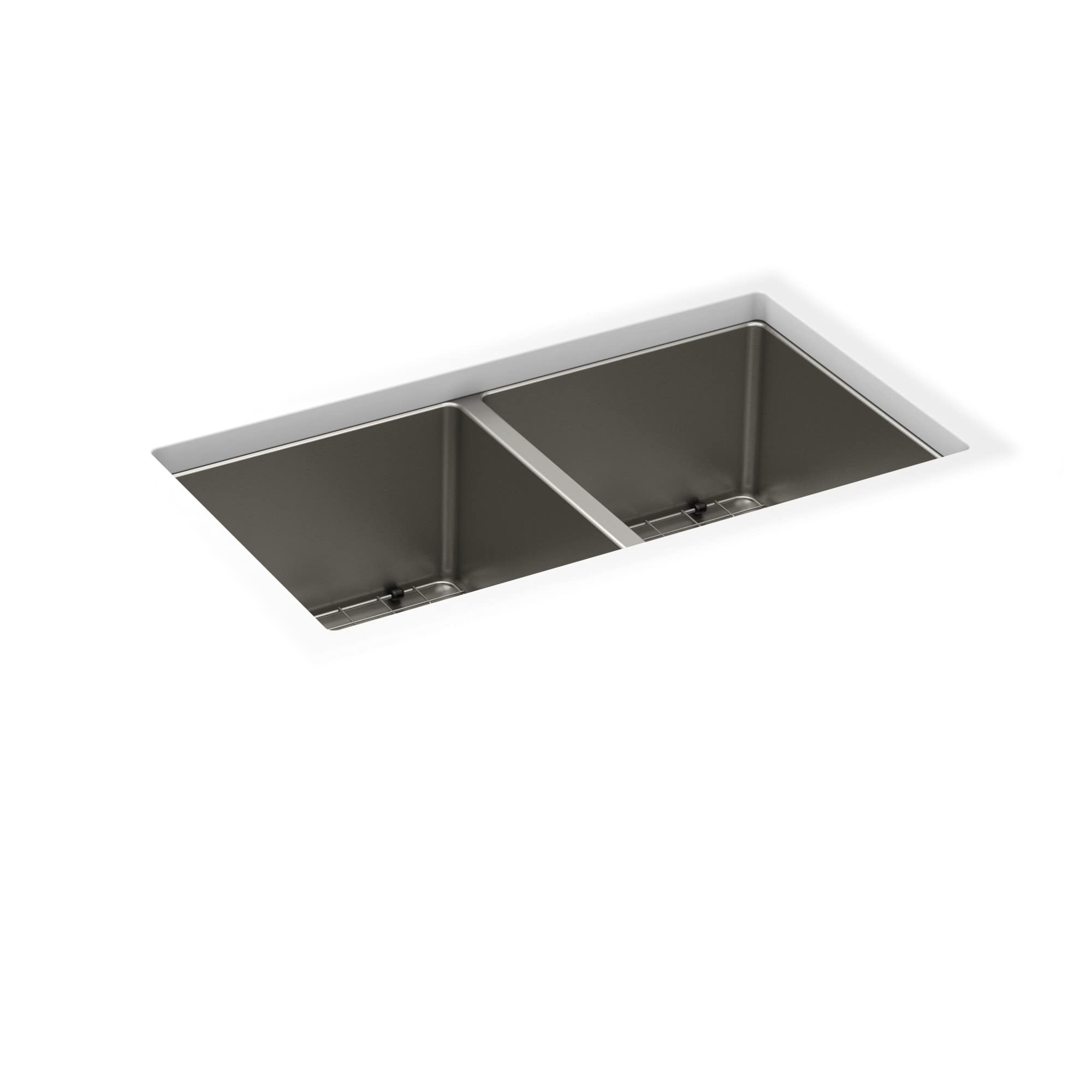 Stainless steel double bowl kitchen sink with two equal compartments and metal drain grids at bottom.