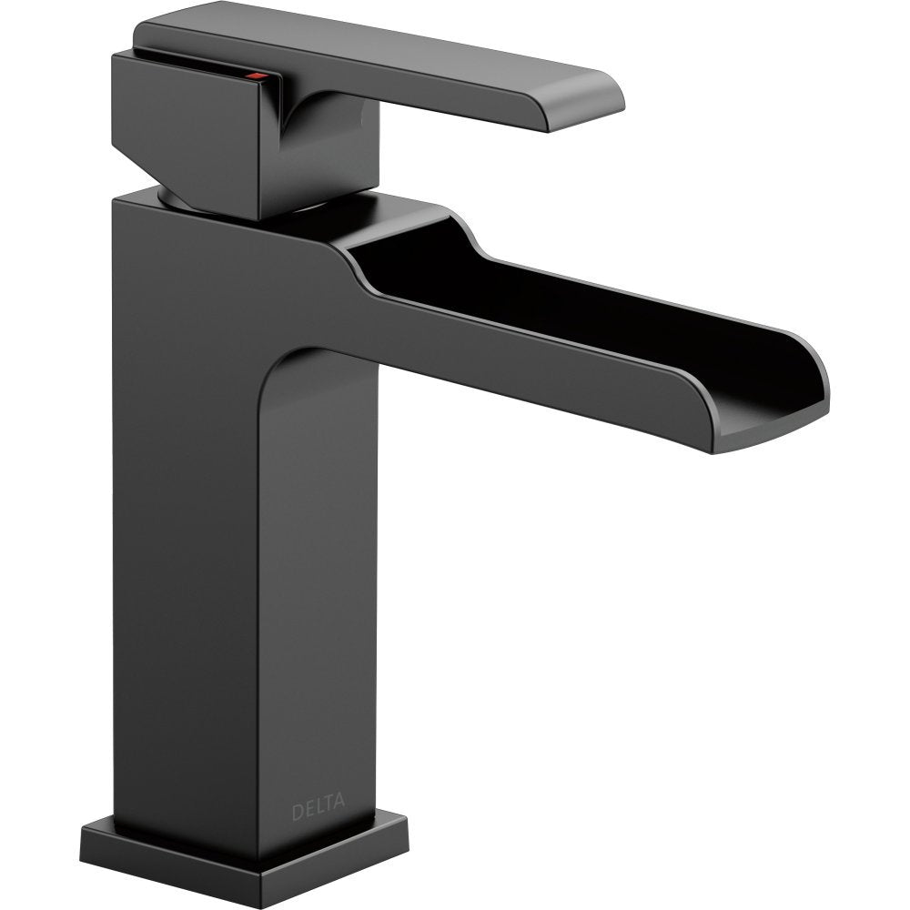 Black single-handle bathroom faucet with rectangular spout and waterfall outlet.