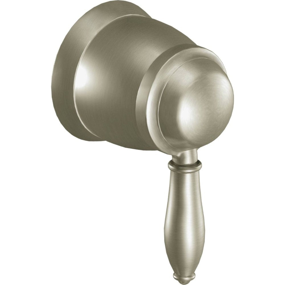 Brushed nickel volume control trim kit with spherical knob handle and rounded escutcheon plate.
